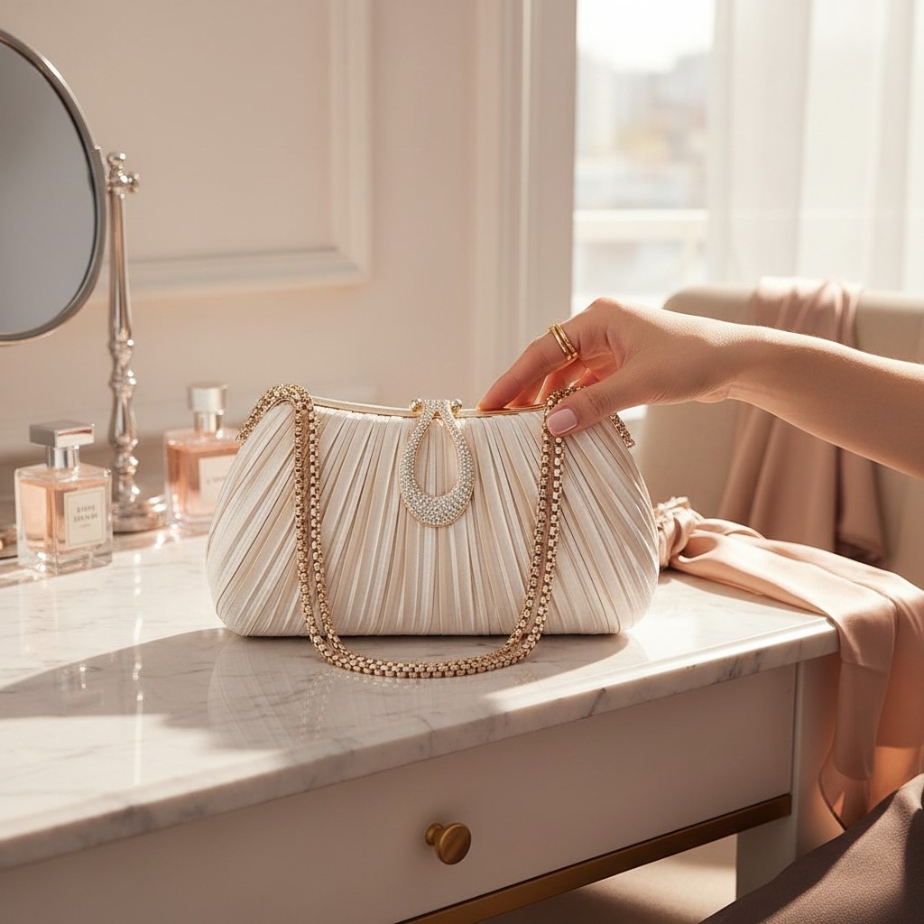 Gold Pleated Party Clutch with Gold Chain Strap