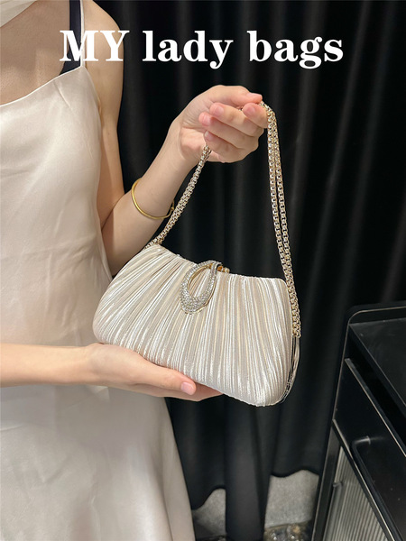 Gold Pleated Party Clutch with Gold Chain Strap
