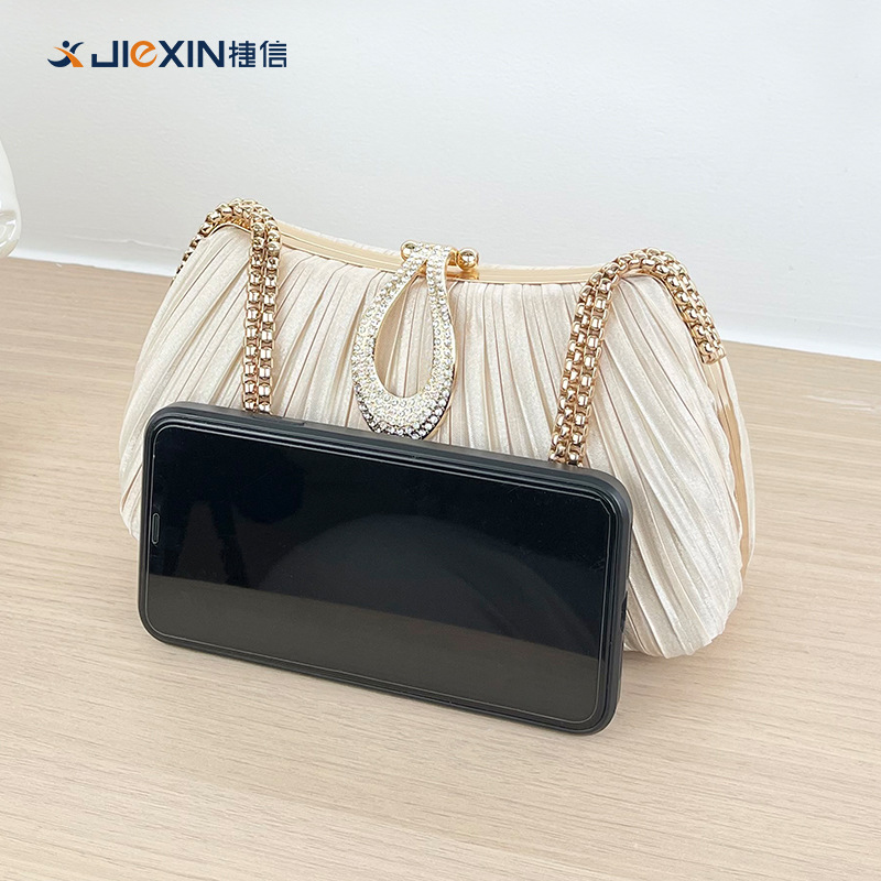 Gold Pleated Party Clutch with Gold Chain Strap