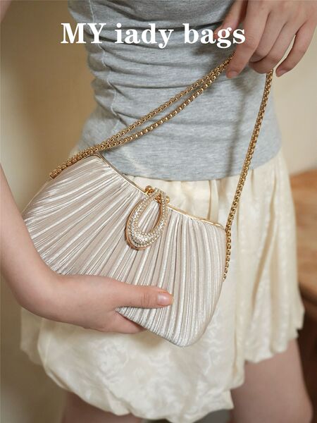 Gold Pleated Party Clutch with Gold Chain Strap