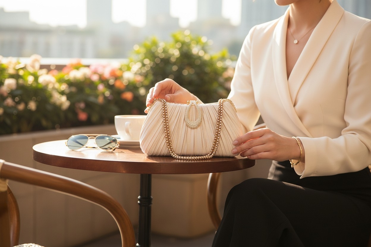 Gold Pleated Party Clutch with Gold Chain Strap